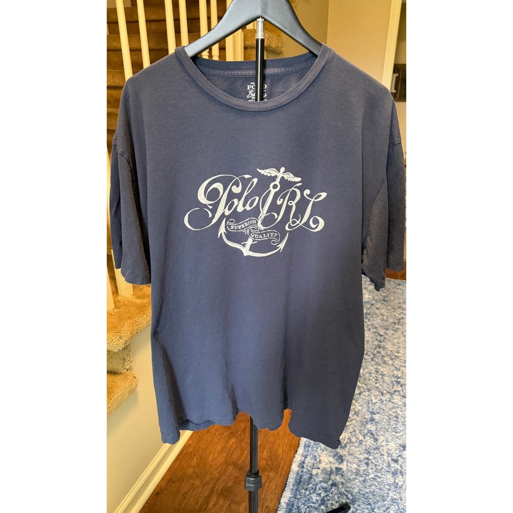 Polo Ralph Lauren Men XL Navy Blue Graphic T-Shirt Nautical Anchor Script Logo